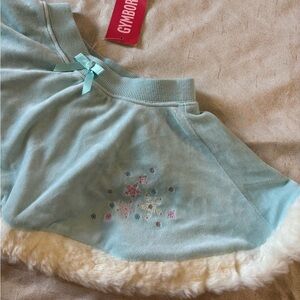 Vintage Blue Gymboree Velvet Skirt with Floral Embroidery and Faux Fur Trim